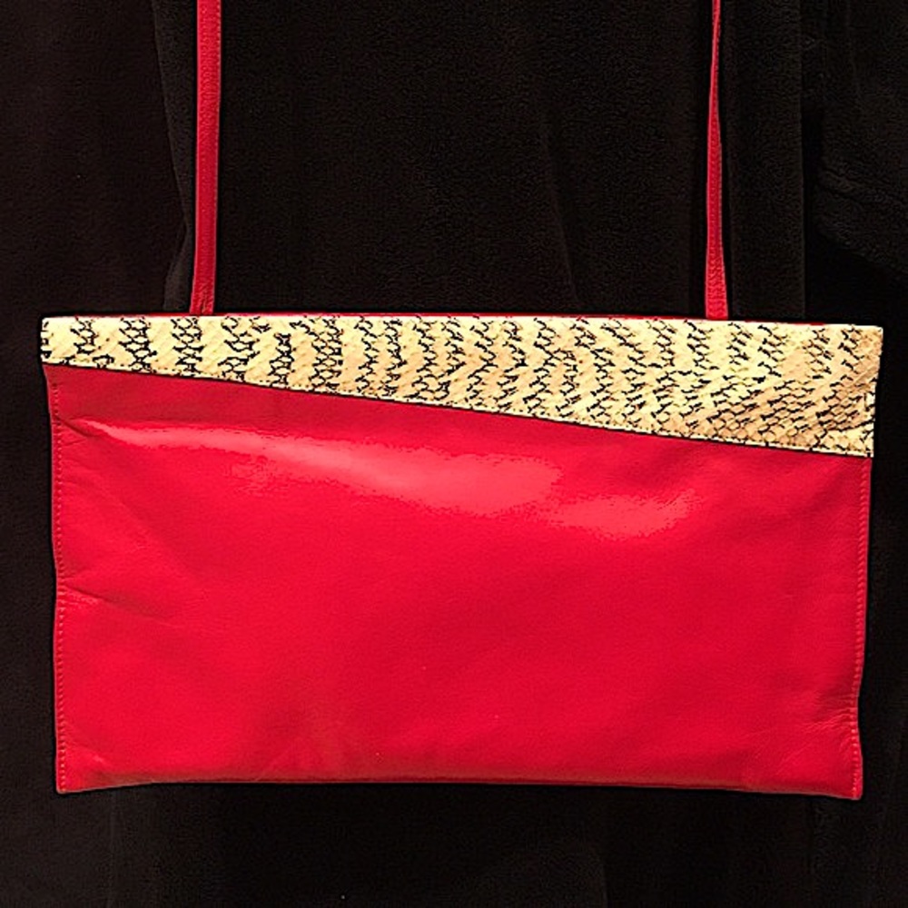 ♥️NEW!♥️Shirl Miller Red Leather & Cream/Black Snakeskin Clutch/Shoulder